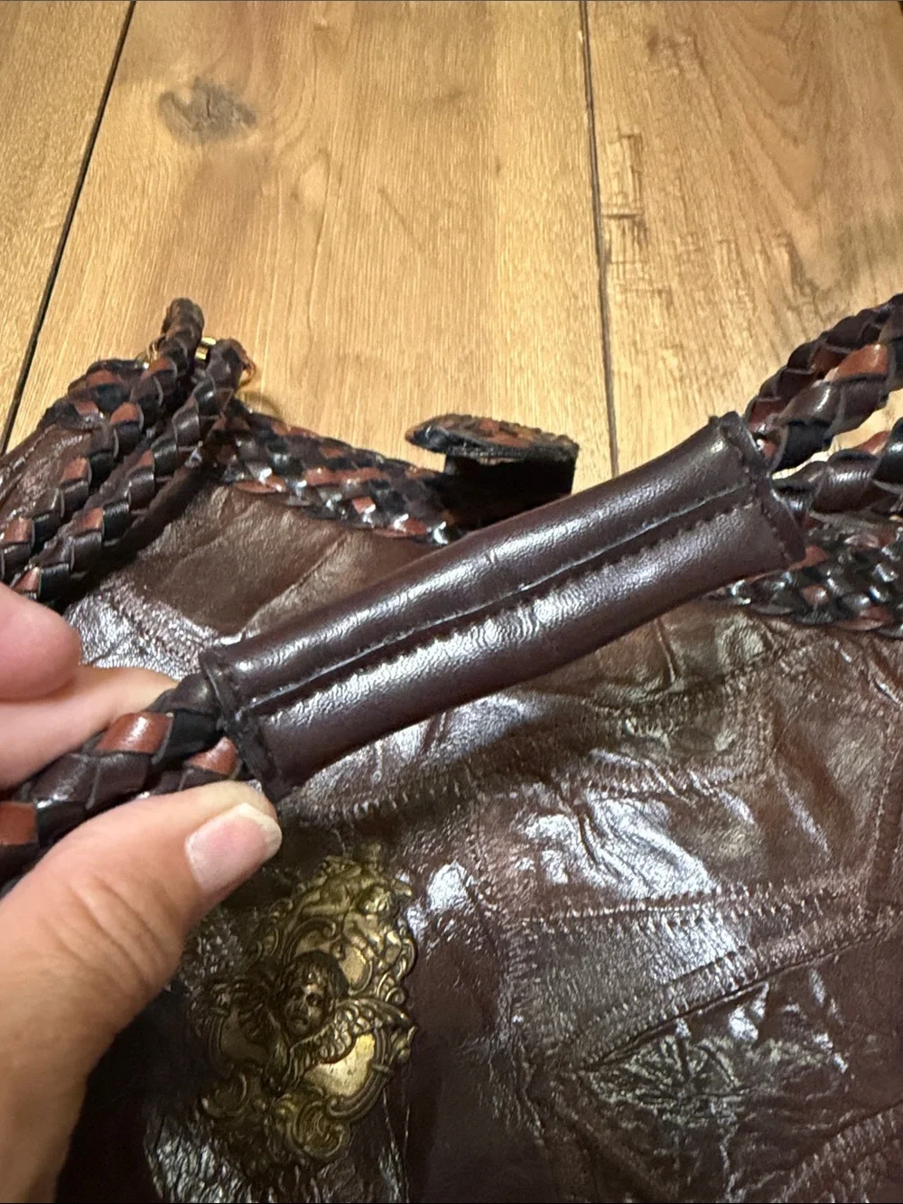 Vintage Sharif Brown Braided Leather Shoulder Bag with Gold Emblem